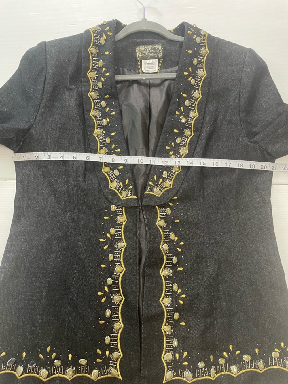 VTG Champagne Italy Gold Embroidered Silver Beaded Black Jacket Blazer Size 12 - Picture 8 of 11